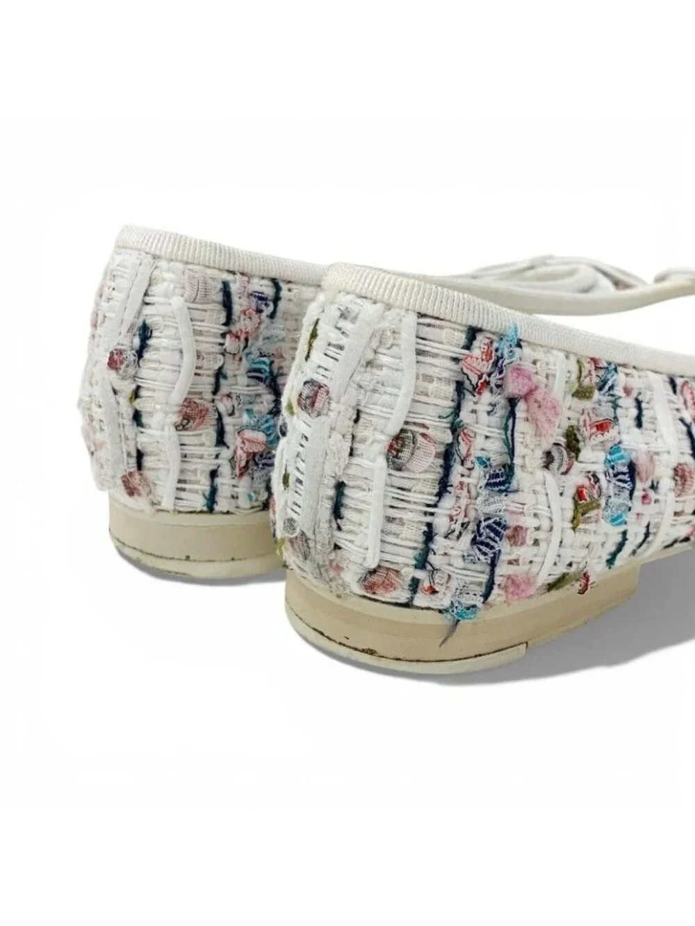 Chanel Flat Shoes Tweed White Black Multicolor CC Logo Ribbon - Picture 10 of 10